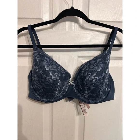 Victorias Secret 38D Bra Body by Victoria Lined Demi Padded Floral Lace Blue - Picture 1 of 14